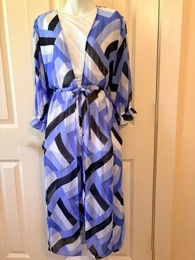 Blue Geometric Print Tie-Waist coverup / long sheer wrap,size M